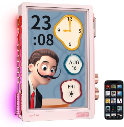 Divoom Times Frame – transparenter digitaler Bilderrahmen (10,1-Zoll) mit WLAN und 64 GB, IPS-Display mit Schweb-Effekt und RGB-Drehknopf, 400+ Zifferblätter, Widgets und Pixel-Art-Community (rosa)