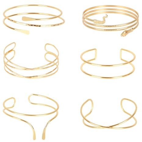 Oberarmreif Gold Set, 6 Stücke Armreif Gold Damen, Verstellbare Oberarm Armreifen für Damen, Minimalistisches Design, Armreif Armspange Armband für Party,Themenpartys,Karneval, 8 cm Durchmesser