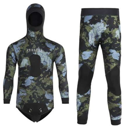 Muta da Uomo a Maniche Lunghe, 2 Pezzi in Neoprene 3mm Muta Mimetica con Cappuccio Integrato per Pesca Sub in Apnea, Snorkeling, Surf, Immersioni Subacquee - Giacca e Pantalone Completi XL