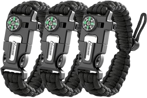 NVioAsport Paracord Survival Bracelet (3 Pack) - Adjustable with Fire Starter, Whistle, Compass - Survival Gear for Hiking, Camping, Fishing, Gifts for Men Dad Husband