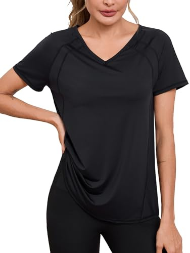 Wayleb Sport Shirt Damen Fitness V-Ausschnitt Kurzarm Leichtes Tshirt mit Stylischen Nähten für Gym Outdoor Running Funktionsshirt Schwarz