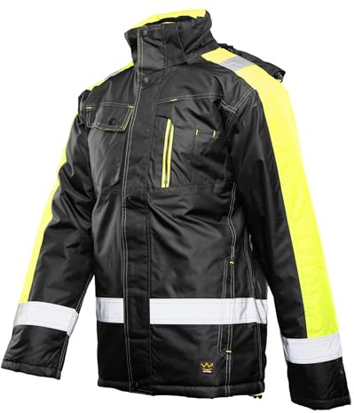 Arbeitsjacke Herren Winter wasserdicht warm gefüttert – reflektierende Warnschutzjacke mit Kapuze – robuste Winterarbeitsjacke Männer für Arbeit Baustelle Lager - mit vielen Taschen & Reißverschluss