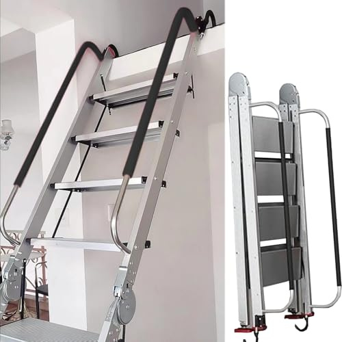 EXCLURA Dachbodentreppe Aluminium-Klappdachbodenleiter mit Handläufen, Dachbodenzugangsleiter für die Lagerung zu Hause, Klappbare Dachbodentreppe für Wohnheim/Lager/Schule(9 ft/2.75 m-9 Steps)