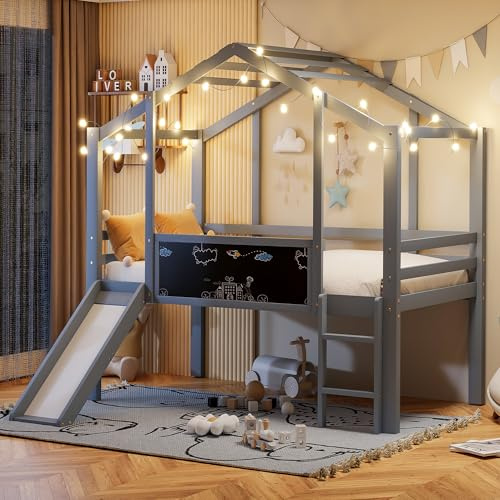 Oxtao Cama infantil de 90 x 200 cm, diseño de ático con escalera de seguridad y tobogán de seguridad, con pizarra de graffiti, cama multifunción de madera maciza, cama individual (gris, 90 x 200 cm)