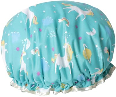 ABOOFAN Doppellagige Duschhaube mit Ölbeständigem Pe Material Blaues Einhorn Design für Spa und Dusche Modische Damen Badehut Küchenhaube