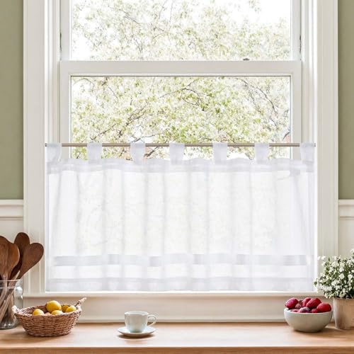 TOPICK Sheer Scheibengardinen mit Schlaufen lichtdurchlässig Bistrogadine Landhaus Voile Küchenvorhang Leinenoptik Satinband Küchengardinen Wohnzimmer 1er Set H45 x B120(cm) Klein Fenster Weiß