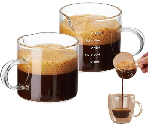 Generico Espresso Measuring Shots Cup – 2PCS 75ml Clear Glass With Mouth | Milk Frothing Pitcher, Coffee Cups With Handle, Accessories For Espresso Machine