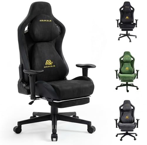 Asukale Gaming Stuhl, Ergonomischer Wildlederimitat Gamer Chair, Fußstütze & 3D Armlehnen, Bürostuhl 200kg, Schwarz