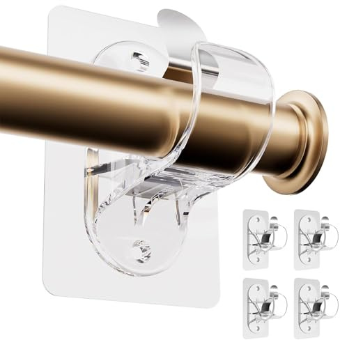 BelleVive 4-Pack Curtain Pole Holders No Drilling, Self-Adhesive Adjustable, Nail-Free Curtain Rod Hooks, Strong Stick-On Hooks (Transparent)