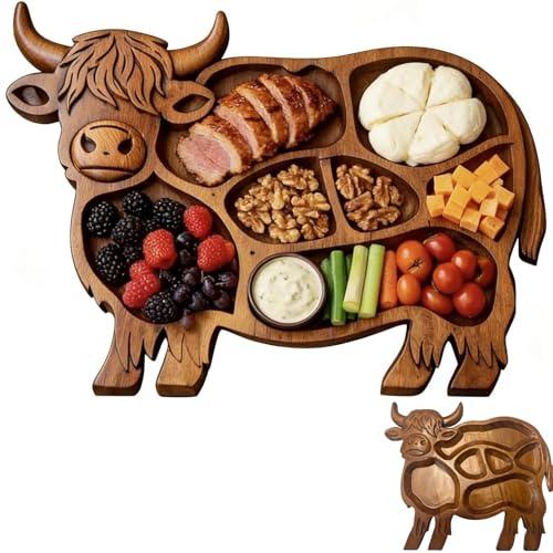 Highland Cow Charcuterie Board - Rustic Farmhouse Wooden Serving Platter with Compartments for Cheese, Meat, Fruit & Snacks, Natural Solid Wood Divided Tray for Family Gatherings (A set)