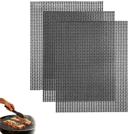 Grillmatten Set 3 Stück, dellyy 42 x 36 cm Antihaft Grillgitter, Grill Netzmatte Wiederverwendbar, Grillplatte für Gasgrill, Holzkohle, Luftfritteuse, Elektrogrill, Backon (3, Schwarz, 36x42cm)
