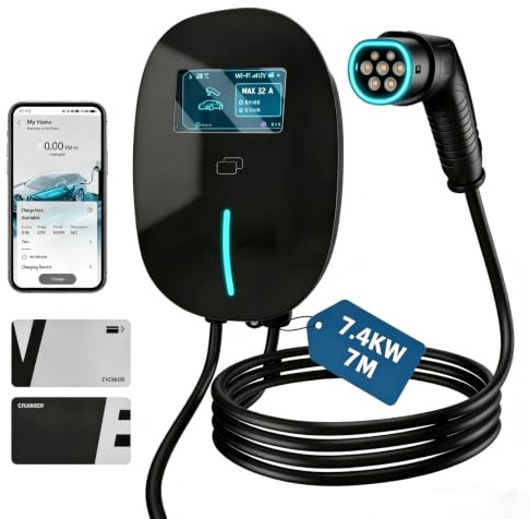 KioGro 7.4kW EV Charger Type 2, 6-32A Electric Car Charger with 7M Cable & 4.3 LCD, WiFi/Bluetooth/RFID & APP Control, Single Phase, IP65 Waterproof for EVs & PHEVs