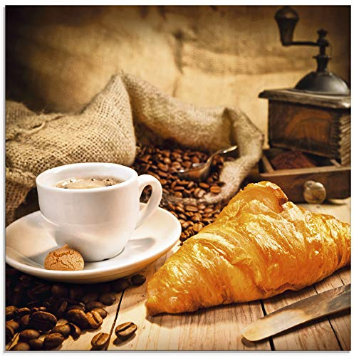 ARTland Wanddeko Glasbilder Wandbild Glas Bild einteilig 40x40 cm Quadratisch Kaffee Coffee Cafe Kaffeetasse Kaffeebohnen Croissant Frühstück Rösterei S6BT