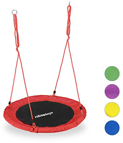 Relaxdays Unisex – Erwachsene, rot Nestschaukel, rund, für Kinder & Erwachsene, verstellbar, Ø 90 cm, Garten Tellerschaukel, bis 100 kg, H x D: ca. 5 x 90 cm
