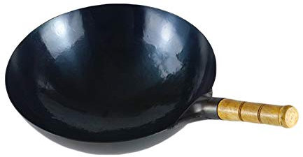 Handgehämmerte Wokpfanne mit Holzgriff, traditioneller vorgebrannter Wok mit rundem Boden, asiatische Küche, 34 cm