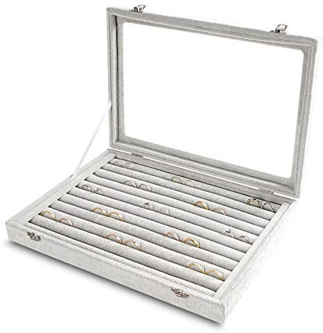 Frebeauty Ringe/Ohrringe Organizer Tablett mit klarem Deckel 10 Slots Samt Schublade Einsatz Schmuck Aufbewahrungsbox mit transparentem Glasdeckel Schmuck Vitrine Geschenk für Frauen (Grau, 10 Slots)