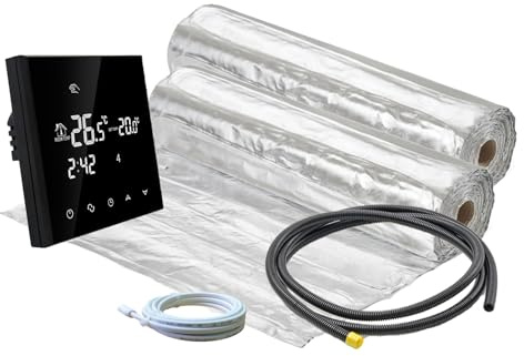 ew direkt Komplett-Set elektrische Fußbodenheizung AluPro 140 für Laminat/Klickvinyl mit Thermostat RT-50 schwarz (1-20m²) (15 m² - 0,5 x 30 m)