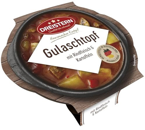 DREISTERN Gulaschtopf 400g I Mit Rindfleisch & Gemüse I Herzhaftes Fertiggericht in Mikrowellenschale I Lange Haltbarkeit dank natürlicher Konservierung I Hausmacher Qualität
