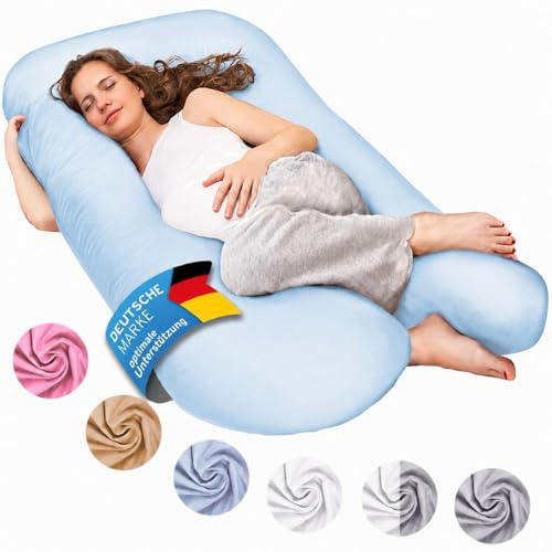 XXL Graviditetskudde för sidosovare, stödkudde, babykudde och amningskudde i U-form, med avtagbart och tvättbart överdrag av 100% bomull (Classic XXL, 150 x 80 cm, ljusblå)
