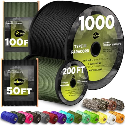 TECEUM Paracord Type III 550 Black – 30 m – 4mm – Tactical Rope MIL-SPEC – Outdoor Para Cord – Camping Hiking Fishing Gear and Equipment – EDC Parachute Cord – Strong Survival Rope (100ft) 016