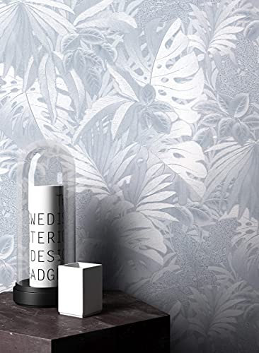 NEWROOM Papier peint Argent Brillant Intissé - Tropical Gris Jungle Feuilles Floral