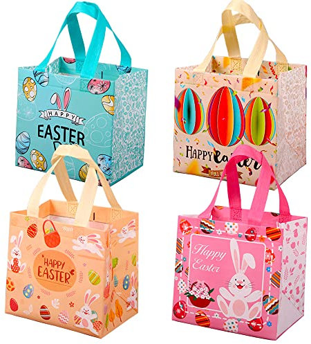 Easter Tote Bags with Handles, Non-Woven Reusable Gift Bag Bunny Easter Egg Hunt Party Treat Bag Waterproof Goodie Bag for Holiday Favors (4 Pack)