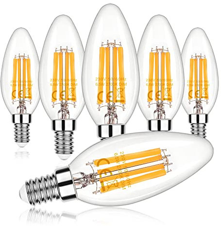 Led Glühbirne E14 Warmweiß Dimmbar Leuchtmittel C35 6.5W Edison Kerze Leds Filament Birne Ersatz Retro 60 Watt Lampe, 850 Lumen 230V Classic Vintage Glühlampe 2700 Kelvin , Klar Glas, CRI 80+, 6stück