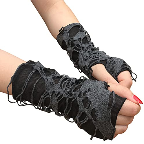 BYNYXI Punk Handschuhe Fingerlos, 1 Paar Lang Handschuhe Damen Fingerlose Zerrissene Handschuhe Fäustlinge Damen Gotische Handschuhe Handgelenk Länge Gloves Cosplay für Halloween Kostüm Party