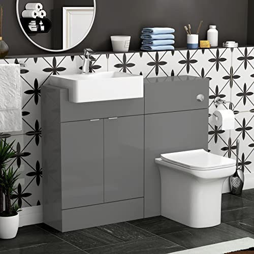 Royal Bathrooms Elena 1100mm Floor Standing Vanity Unit 2 Door Storage Cabinet with Semi Recessed Basin Sink & Crosby BTW WC Toilet Unit - Indigo Grey Gloss