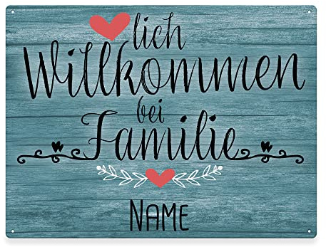 Haustürschild mit Name - Herzlich Willkommen bei Familie - Metallschild mit Familienname personalisieren, Outdoorschild aus Aluminium | Wetterfest, 21x15 cm