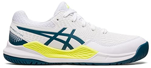 ASICS Kid's Gel-Resolution 9 Grade School Tennis Shoes, 2, White/RESTFUL Teal