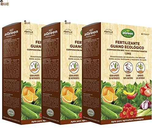BricoLoco.com Fertilizante guano 100% natural. Abono natural todo tipo de plantas, árboles y huerta. 4,5 kgs. (3x1.5kgs) Fertiliza y mejora el suelo del cultivo. Bioestimulante aumenta defensas. (3)
