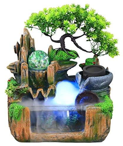 Tabletop Water Garden Zen Fountain with LED Light, Fountain Fengshui Indoor Decoration – Zen Meditation Tabletop Decorative Waterfall Kit with Submersible Pump for Office and Home Decor/2130 ( C
