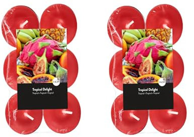 Teelichter Duft 2x12 Stück (24 Teelichter) - Brenndauer: 4,5 Std., Rußfrei - für Windlicht, Teelicht-Glas, Kerzenständer - Weihnachten, Geschenk, Deko, Gastro (Rot - Duft: Tropische Früchte)