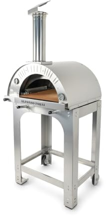 Forno pizza ibrido a gas e legna 2 pizze con carrello in acciaio inox, uso a legna o con bruciatore a gas, pietra refrattaria biscotto 3 cm, 500 gradi, Made in Italy (con bruciatore e valvola GPL)