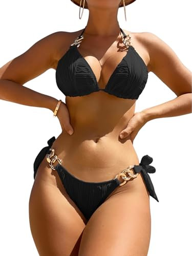 GORGLITTER Bikini Damen Mit Ketten Neckholder Bikini Set Triangel Bikini Push Up Zweiteiliger Badeanzug Bademode Strandmode Schwarz M