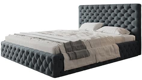 AlpiMeble Polsterbett 180x200, Jasminstoff, Holzrahmen, Dunkelgrau | Bett, Betten mit Bettkasten, Modern Betten, Weicher Stoff, Kollektion Slim Miami