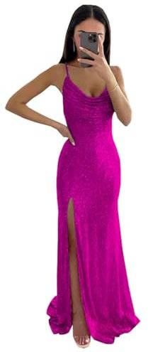 KURFACE Vestidos de fiesta con purpurina largos con tirantes delgados sin espalda formal elegante vestidos de fiesta de noche para mujer WSX487 fucsia UK30