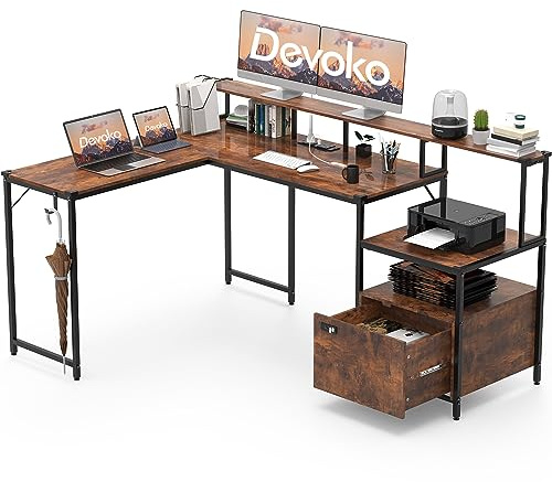 Devoko Eckschreibtisch 168×120cm, L-Schreibtisch mit Stauraum, Eckschreibtisch Schublade mit Steckdose und USB-Ladeport, Computertisch mit Monitorhalterung und Regalen, Braun