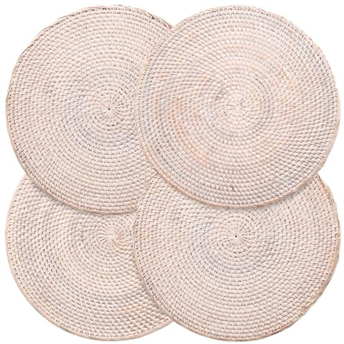 Decvel 4-Pack Rattan Placemats - 13-inch Round Placemats (Whitewash) - Woven Place Mats, Round Table Mats - Wicker Chargers for Dinner Plates, Plate Chargers Boho