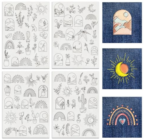 BENECREAT 4 Feuilles 100 Pcs Motifs de Broderie Solubles dans L'Eau, Stabilisateurs Solubles dans L'Eau de Fleurs de Plantes de Papier de Broderie de Point de Boho pour des Sculptures, Chemises