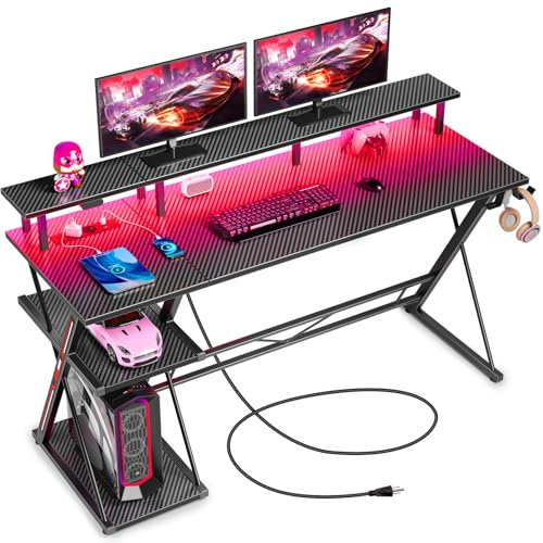 SEVEN WARRIOR Gaming Tisch mit LED & Steckdosen, Schreibtisch mit Monitorständer & Monitorhalterung, Computertisch mit 2 Haken, perfekt für Schlafzimmer Schreibtisch Wohnzimmer (120 cm)