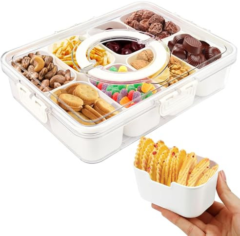 Cnwinu Snackbox mit Fächern,Tragbare Snackdose mit Deckel Und Griff,süßigkeiten Box,kinder Snackbox, 8 Fächer Gewürzbehälter mit Deckel,für Obst, Spice, NüSse Und Snacks,Perfekt für Party,Picknicks