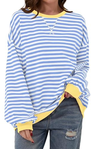 DUOEASE Pullover Damen Streifen Oversize Pullover Langarm Herbst Rundhals Sweatshirt Y2K Oberteile