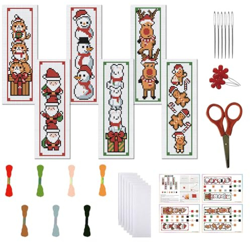 FREEBLOSS 6 Set Weihnachts Kreuzstich Lesezeichen Sets Lesezeichen Mit Gestempelter Stickerei Und Weihnachtsmann Muster Stickset Zum Selbermachen Lesezeichen Kreuzstich Set Für Anfänger Stickset