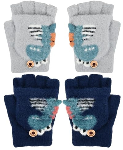 Shengxi 2 Paar Kinderhandschuhe Winter, Flip Top Handschuhe Warme Winterhandschuhe Halbfinger Fäustlinge für Jungen Mädchen Fäustlinge mit Knopfleiste, 3-10 Jahre (Grau, Marineblau)