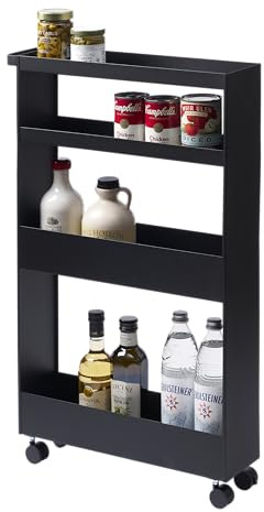YAMAZAKI 1807 Tower Schlanker 4-stöckiger Aufbewahrungswagen, schwarz, Stahl/Nylon, minimalistisch, 48 x 13 x 80,5 cm (L x B x H)