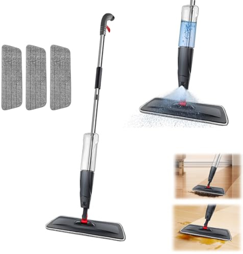 Mopa de microfibra para suelos húmedos y secos para suelos duros, suelos laminados de madera dura, mopa pulverizadora para suelos con 3 almohadillas lavables de microfibra y botella recargable de 700
