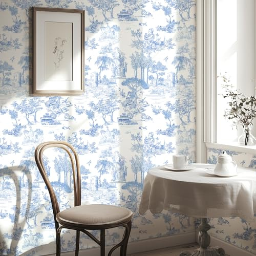 WENMER Toile Wallpaper, 17.7 X 118 Blue and White Peel and Stick Wall Paper, Toile de Jouy Wallpaper, French Vintage Contact Paper for Bedroom, Walls, Backdrop, Cabinet, Home Decor
