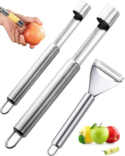 MYGLOAR 3Pcs descorazonadores de manzanas y cuchillo pelador de frutas, descorazonador de manzanas con hoja de acero inoxidable, descorazonador de manzanas con lazo para colgar para quitar